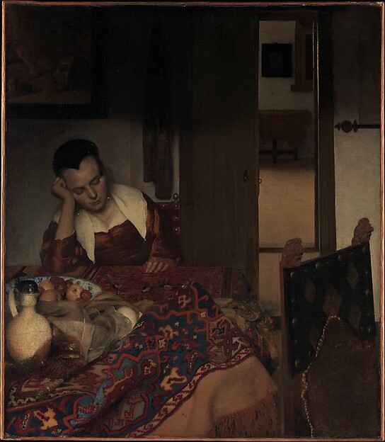ภาพวาด A Maid Asleep ของ Vermeer หญิงรับใช้นั่งหลับอยู่ที่โต๊ะในห้องมืดสลัว