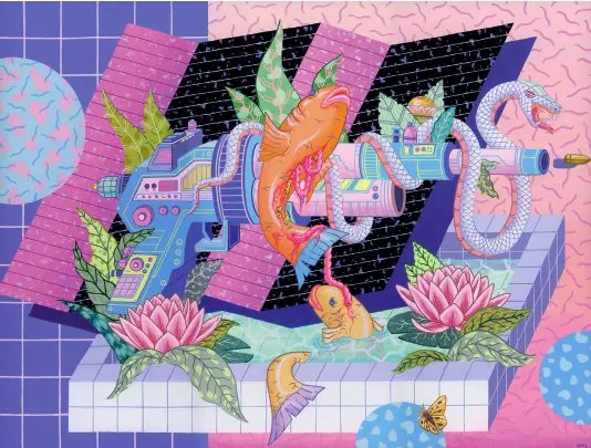 ภาพวาดปืนเรย์กันสีพาสเทลกับปลาคาร์ปและดอกบัว ผลงานของ Kristen Liu-Wong