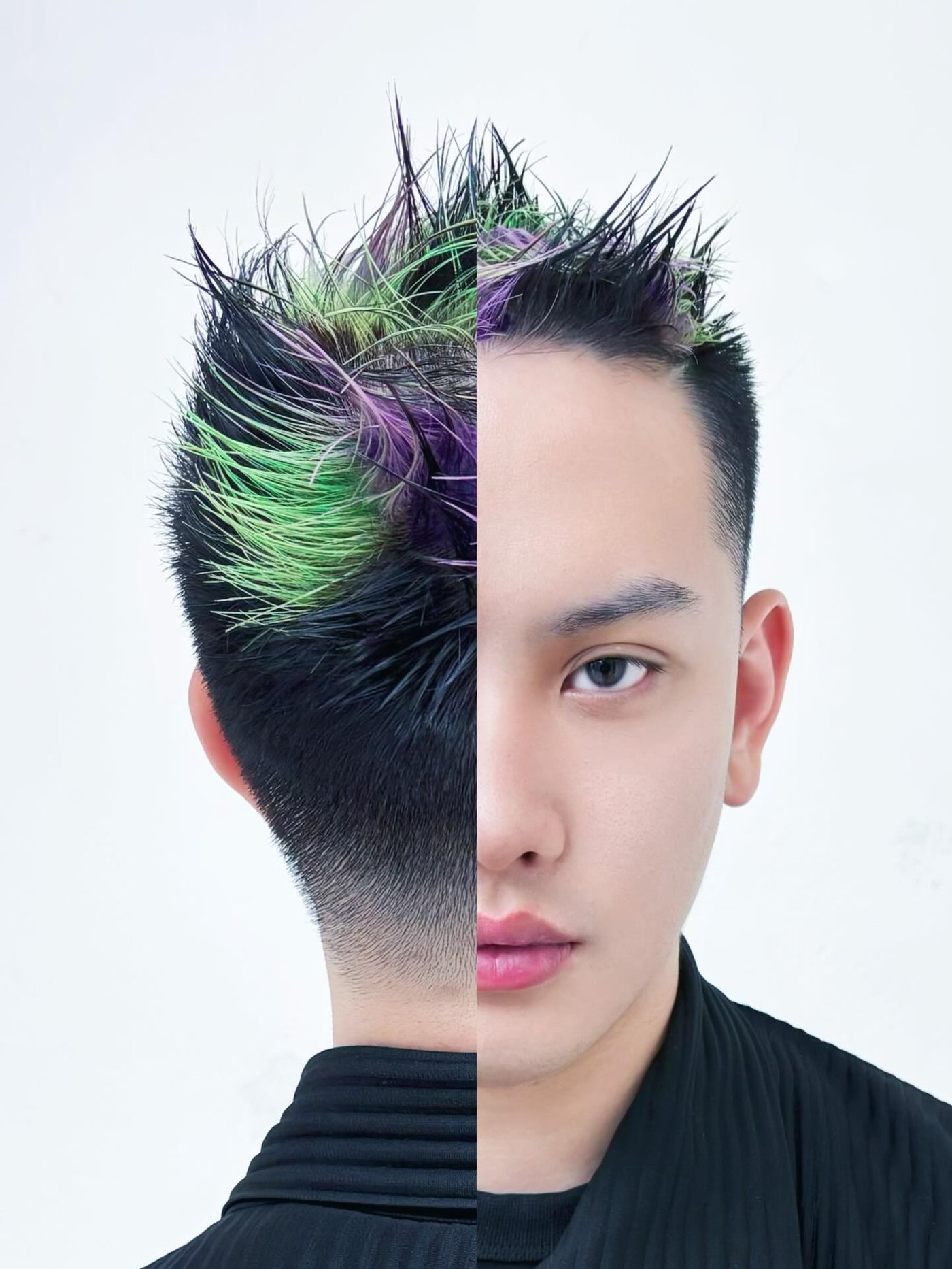 ภาพผ่าครึ่ง ซีกซ้ายเป็นผมดำแซมเขียวและม่วงตั้งชี้ ซีกขวาเป็นใบหน้านายแบบผมสั้นเกรียนด้านข้าง