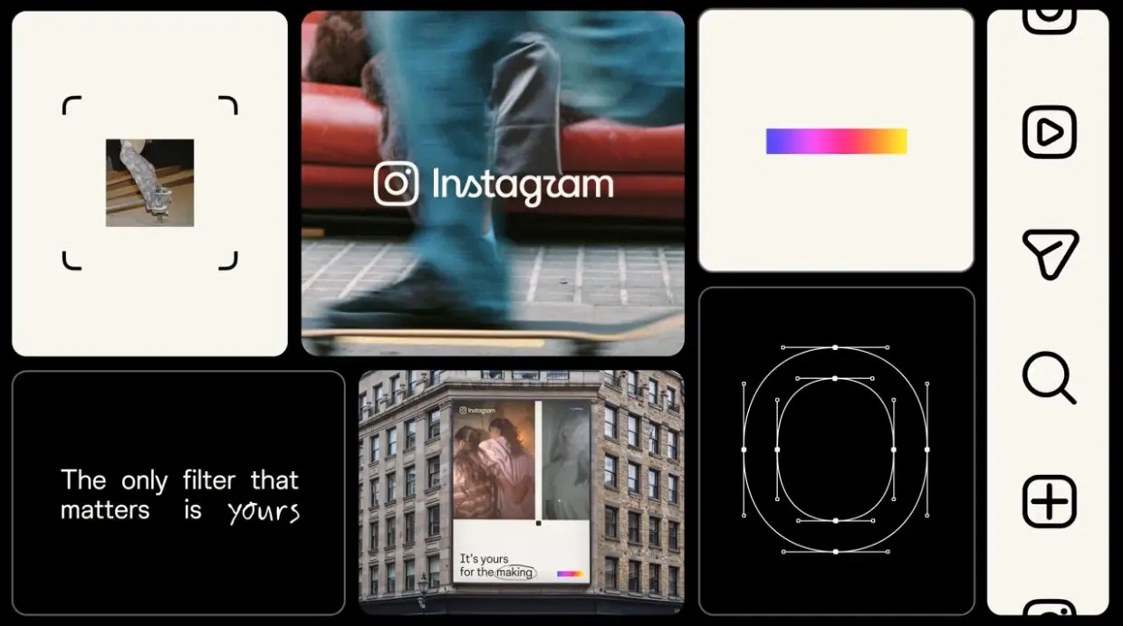 ตารางองค์ประกอบระบบแบรนด์ใหม่ของ Instagram ทั้งกรอบวิวไฟน์เดอร์ เส้นโครงตัวอักษร ไอคอน และแถบไล่สี