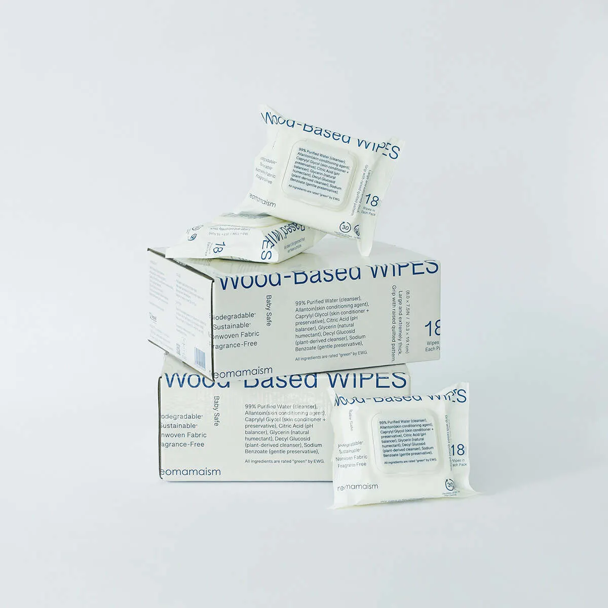 แพ็กเกจ Wood-Based WIPES ที่พิมพ์ส่วนผสมทั้งหมดไว้บนฝา