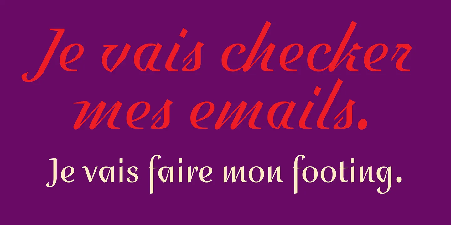 ประโยค Je vais checker mes emails สีแดงบนพื้นม่วง และ Je vais faire mon footing สีครีม