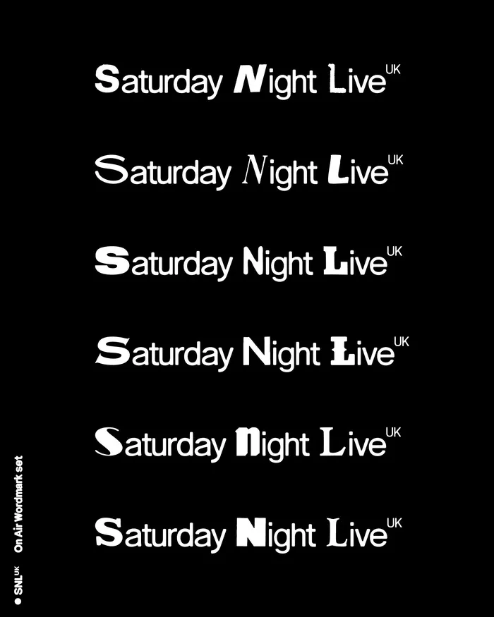 ชุดโลโก้ Saturday Night Live UK หกแบบ ที่ตัว S N L ต่างกันในแต่ละแบบ