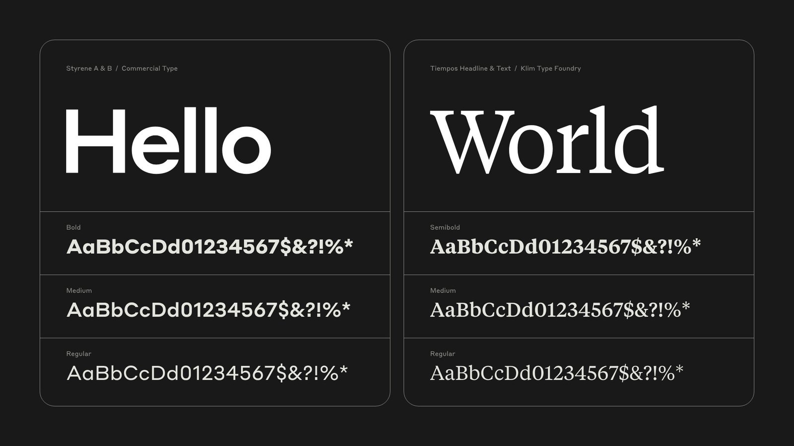 ตัวอย่างฟอนต์ Styrene คำว่า Hello และ Tiempos คำว่า World บนพื้นดำ