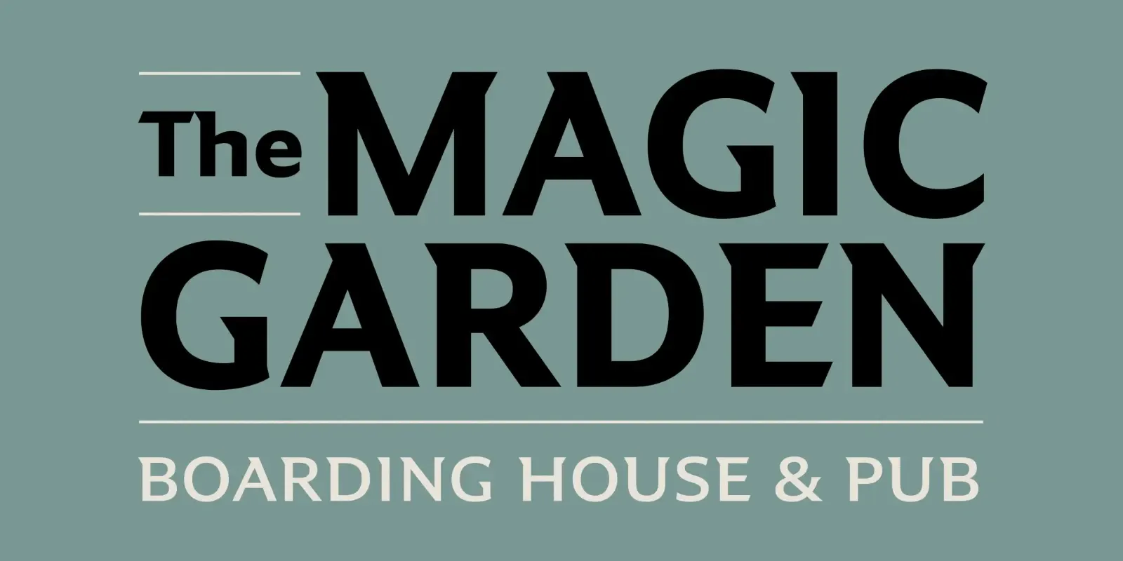 ตัวอย่างการใช้ฟอนต์ Partiche เป็นป้ายชื่อ The Magic Garden บนพื้นเขียวเซจ