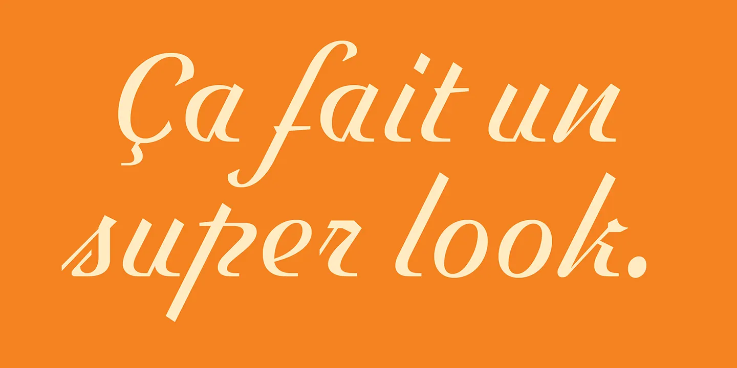 ประโยคภาษาฝรั่งเศสปนอังกฤษ Ca fait un super look เขียนด้วยตัวเอียงสีครีมบนพื้นส้ม