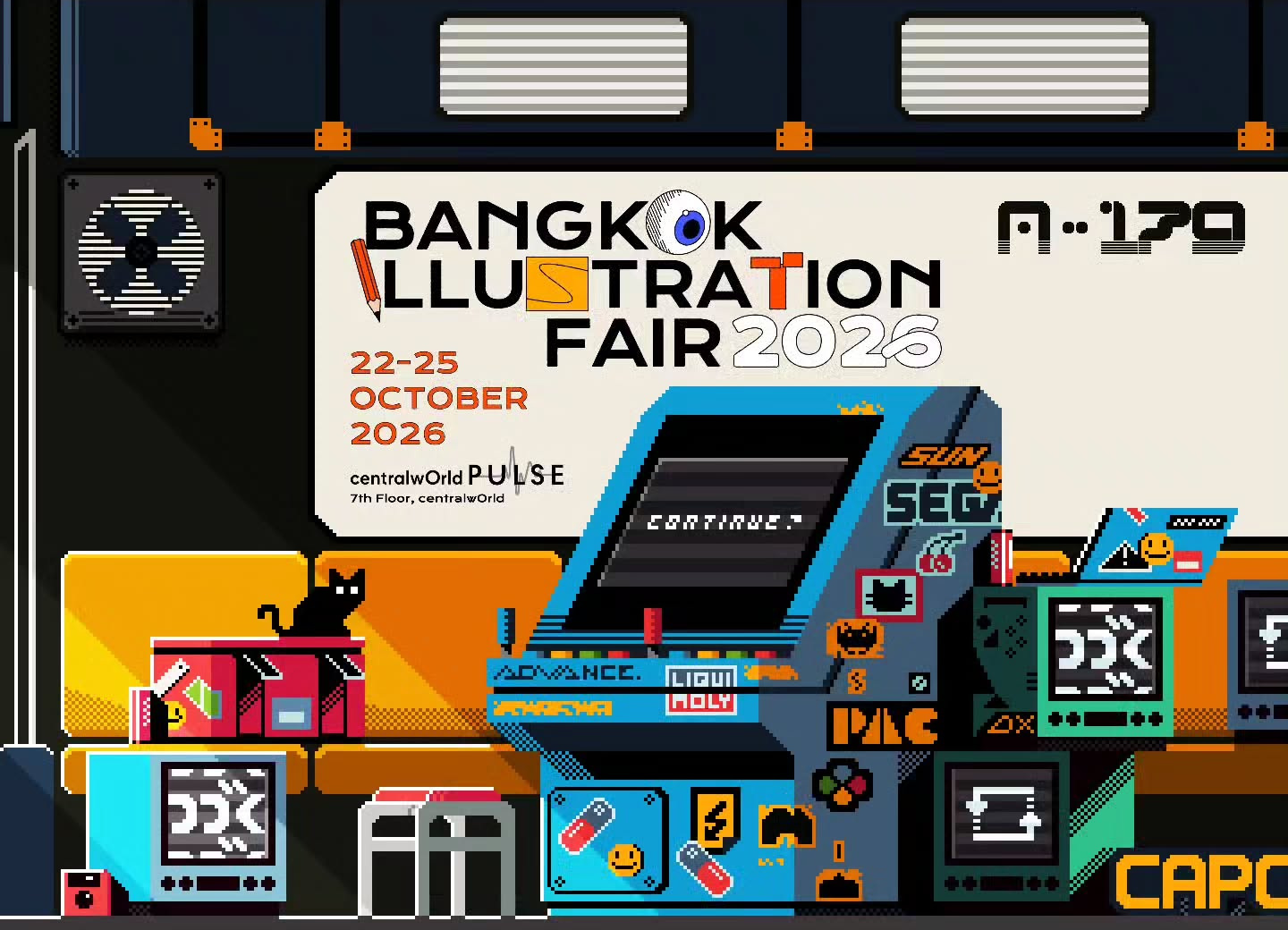 โปสเตอร์พิกเซลอาร์ตบูท A-179 ที่ Bangkok Illustration Fair 2026 มีตู้เกมและแมวดำ