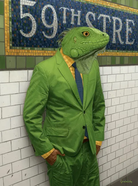 ภาพวาดคนหัวอิกัวนาใส่สูทสีเขียวยืนพิงผนังกระเบื้องหน้าป้ายโมเสก 59th Street