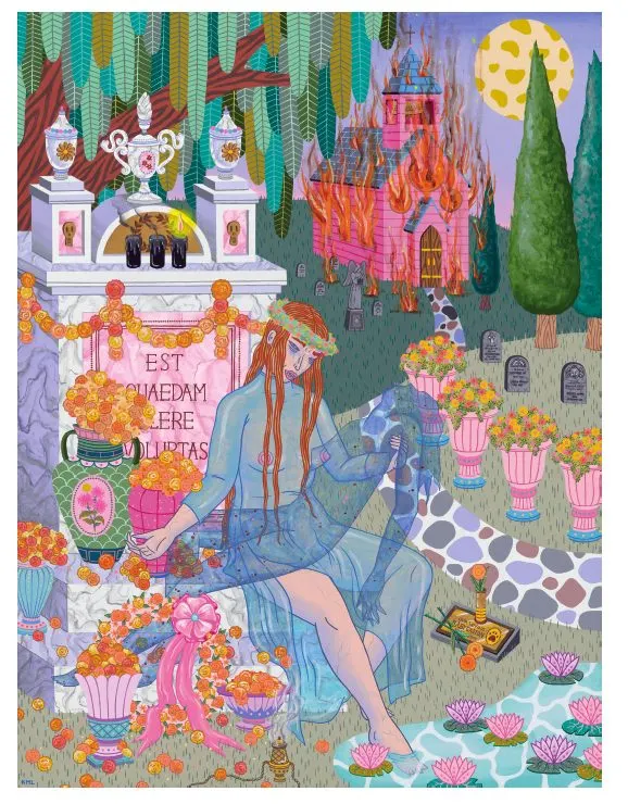 ภาพวาดผู้หญิงนั่งจัดดอกดาวเรืองในสุสาน มีบ้านสีชมพูไฟไหม้อยู่ด้านหลัง ผลงานของ Kristen Liu-Wong