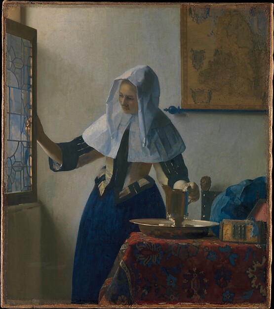 ภาพวาด Young Woman with a Water Pitcher ของ Vermeer แสงเช้าตกบนหญิงสาวข้างหน้าต่าง