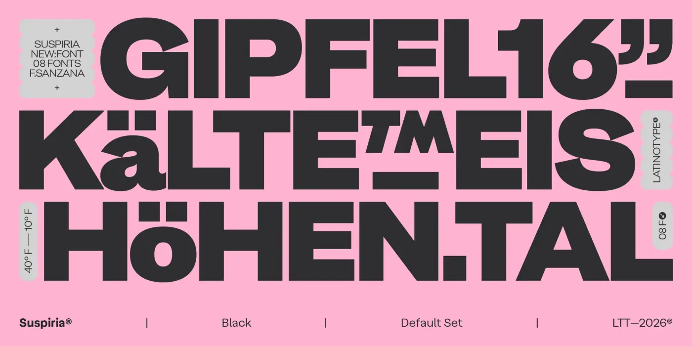 Suspiria น้ำหนัก Black ตัวหนาที่ปลายเส้นชนกันจนกลายเป็นบล็อกทึบ