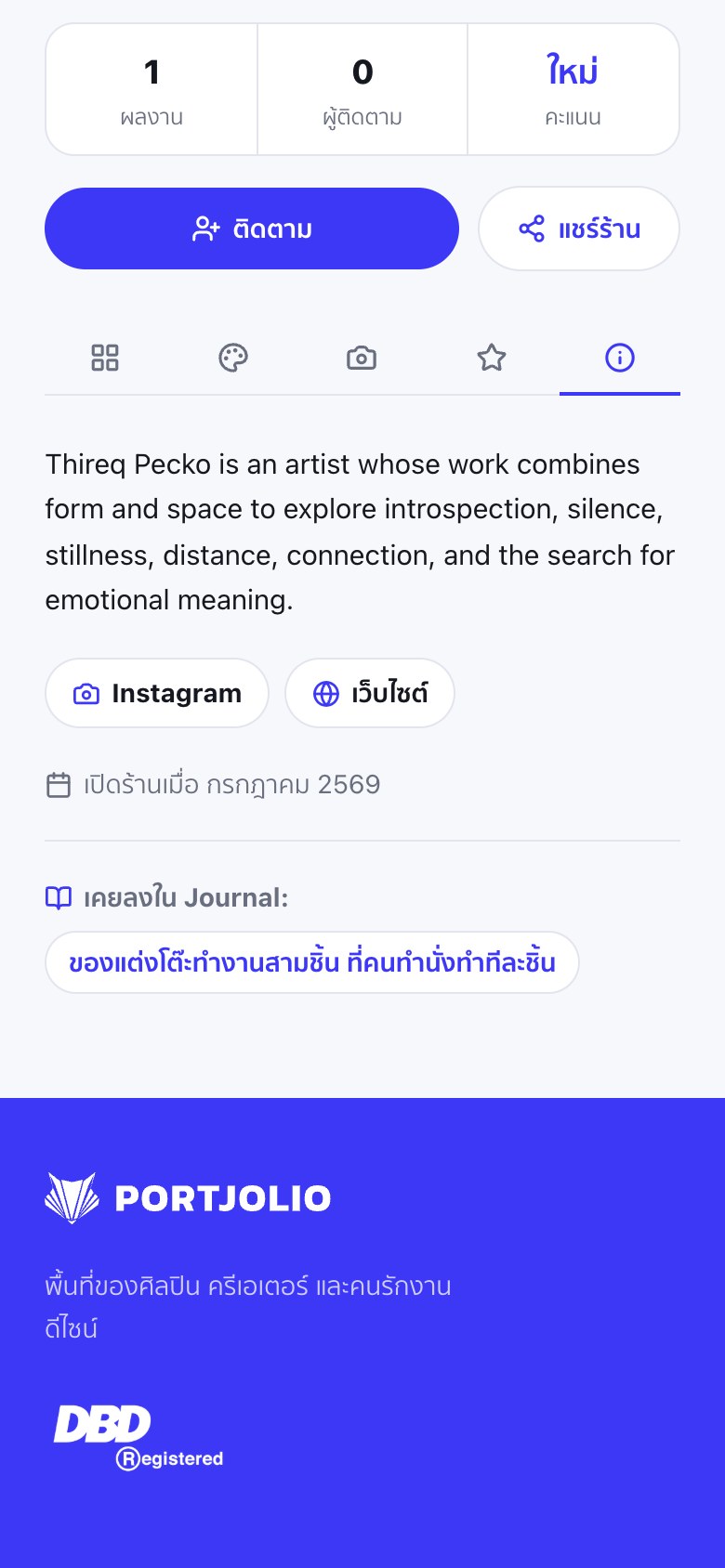 แท็บเกี่ยวกับของร้าน Thireq Pecko บนมือถือ มีข้อความแนะนำตัวเต็ม ชิปลิงก์ Instagram และเว็บไซต์ วันที่เปิดร้าน และบทความที่เคยพูดถึงร้าน