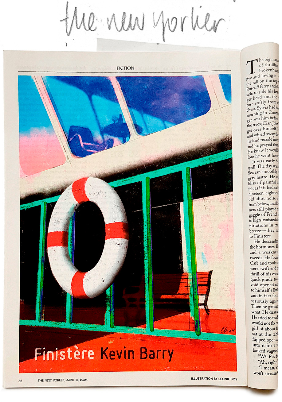 หน้านิตยสาร The New Yorker แสดงภาพประกอบเรื่องสั้น Finistere ของ Kevin Barry โดย Leonie Bos
