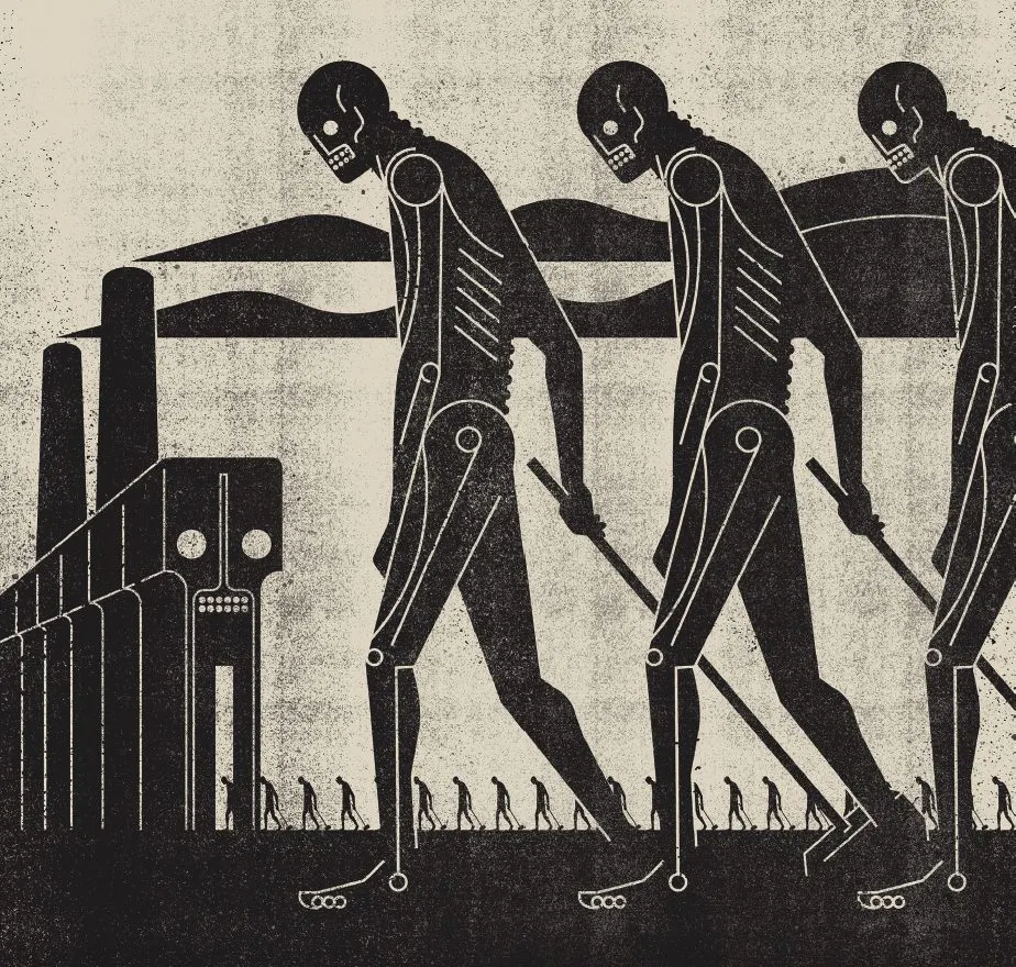 ภาพวาดสองสีของโครงกระดูกสามตัวเดินถือไม้เท้าผ่านหน้าโรงงาน มีแถวคนตัวเล็กเดินตามกันอยู่ด้านหลัง