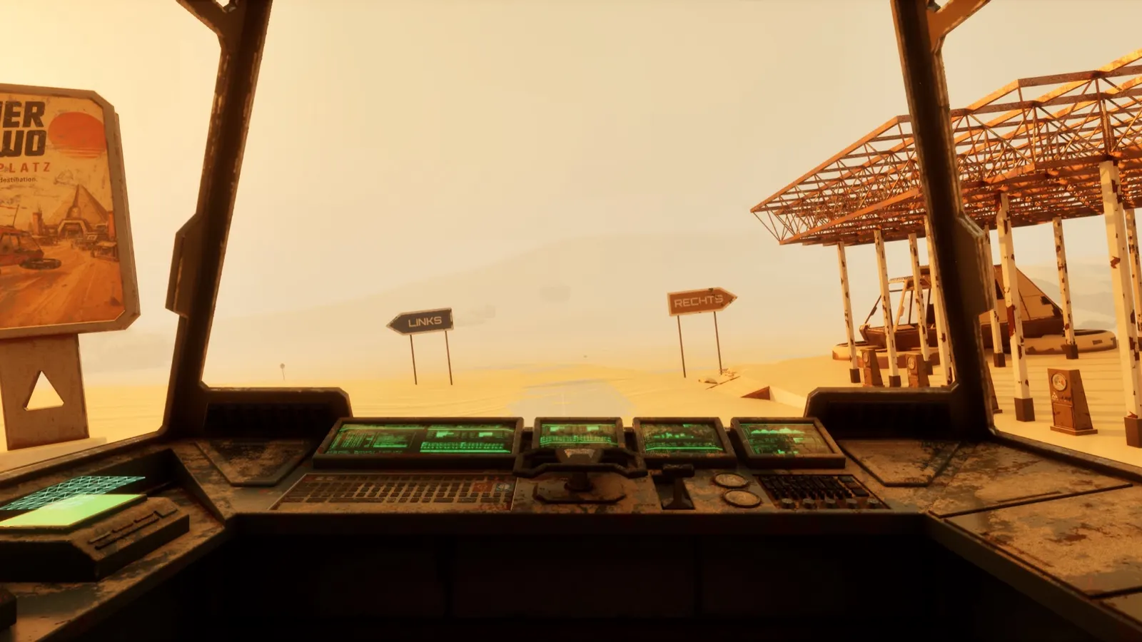 ป้ายบอกทางสองอันเขียนว่า LINKS และ RECHTS ปักอยู่กลางทรายในเกม The Power of Two