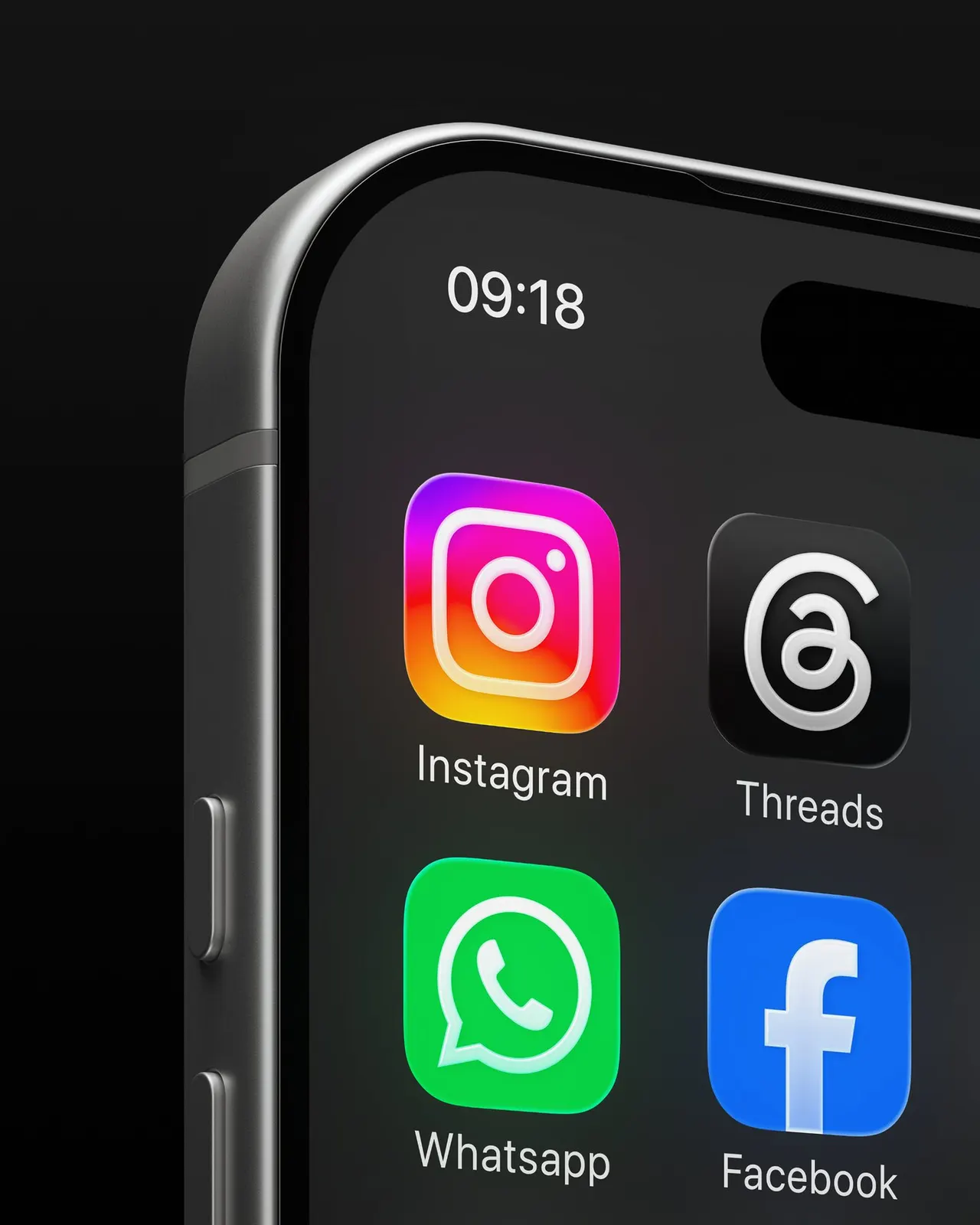 ไอคอนแอป Instagram บนหน้าจอ iPhone วางข้าง Threads WhatsApp และ Facebook