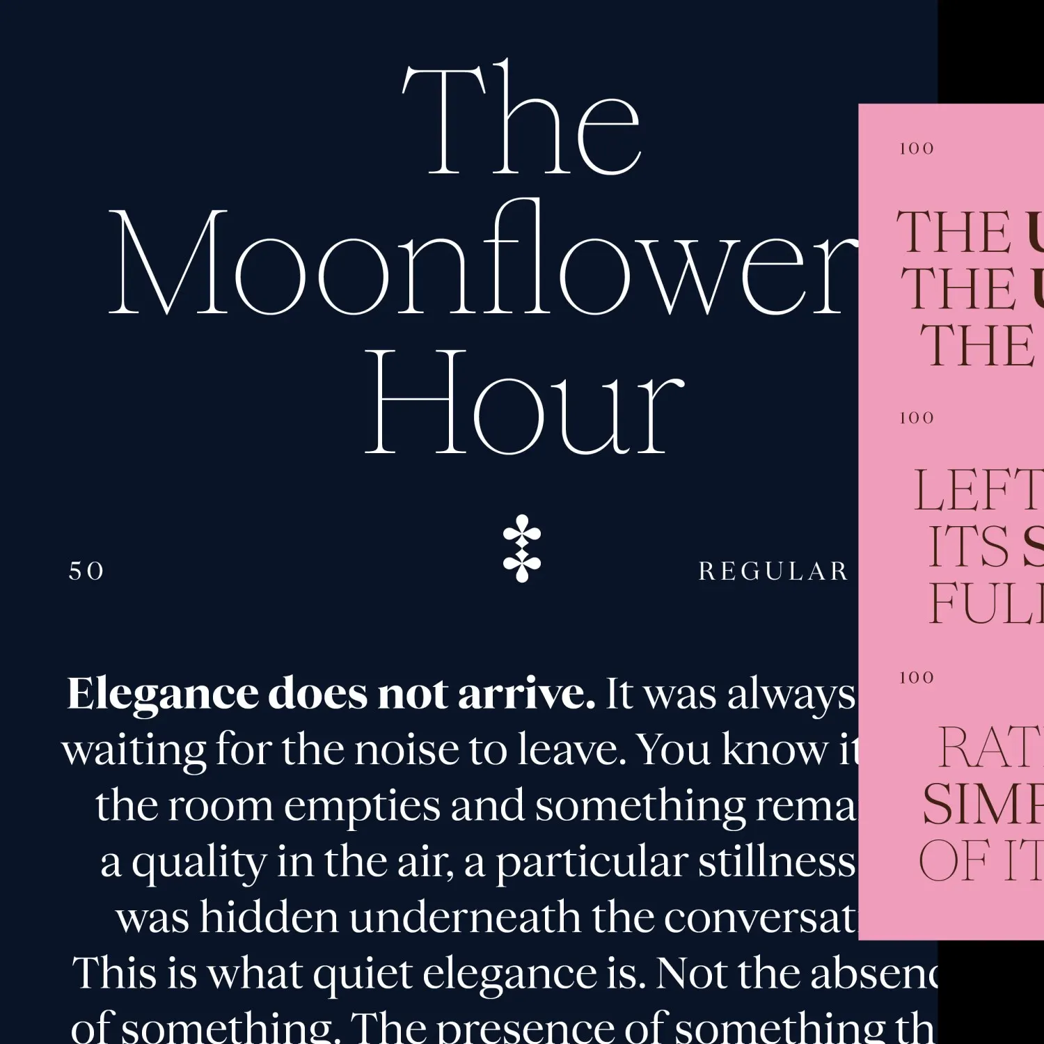 สเปซิเมนฟอนต์ Hanae น้ำหนัก Hairline เรียงคำว่า The Moonflower Hour ตัวอักษรบางเหมือนเส้นผม