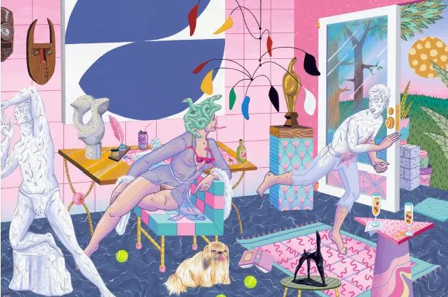 ภาพวาดห้องที่มีรูปปั้นหินอ่อน โมบายแขวน และผู้หญิงผมงู ผลงานของ Kristen Liu-Wong