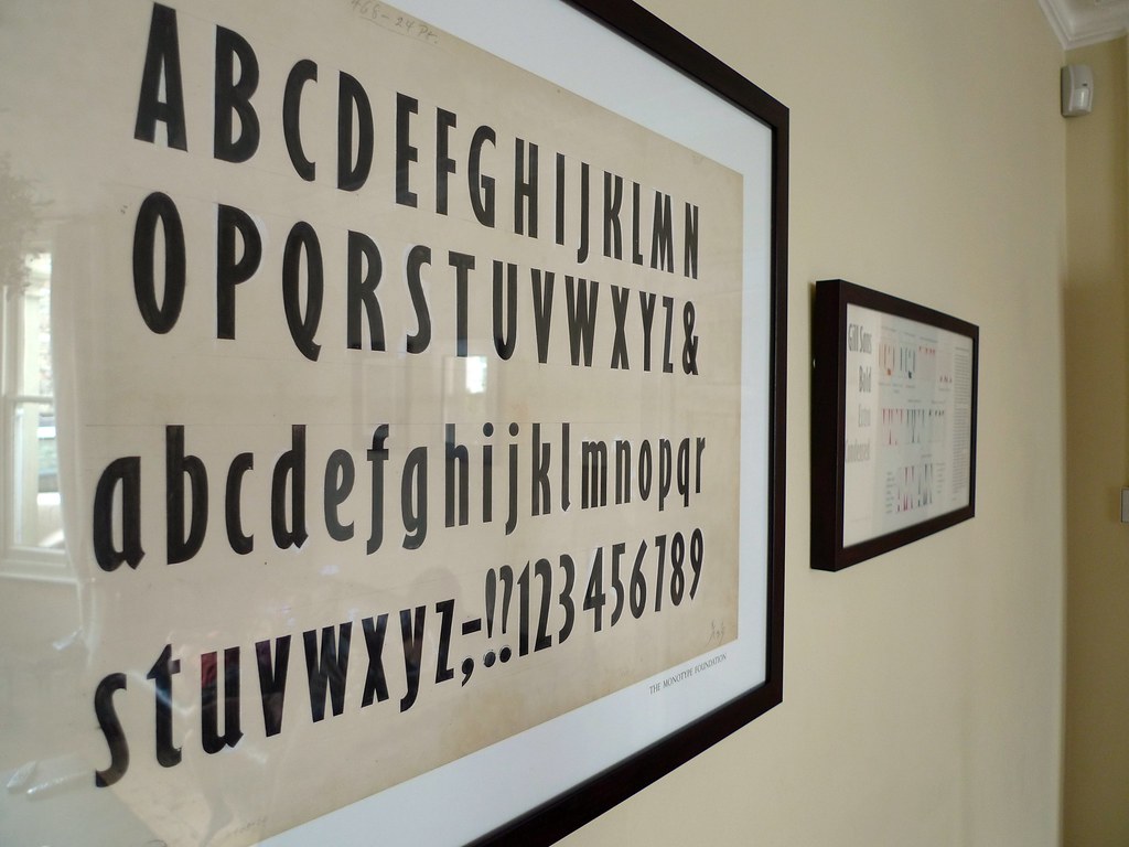 กรอบรูปแขวนผนังบรรจุแบบร่างตัวอักษร Gill Sans ทั้งตัวใหญ่ ตัวเล็ก และตัวเลข