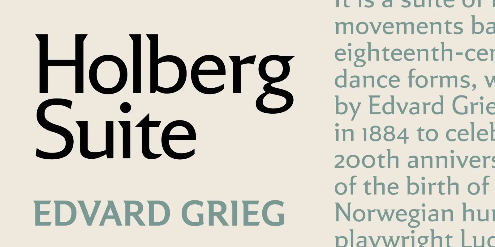 ตัวอย่างฟอนต์ Partiche จัดหน้าเป็นชื่อเพลง Holberg Suite คู่กับย่อหน้าเนื้อความสีเขียว