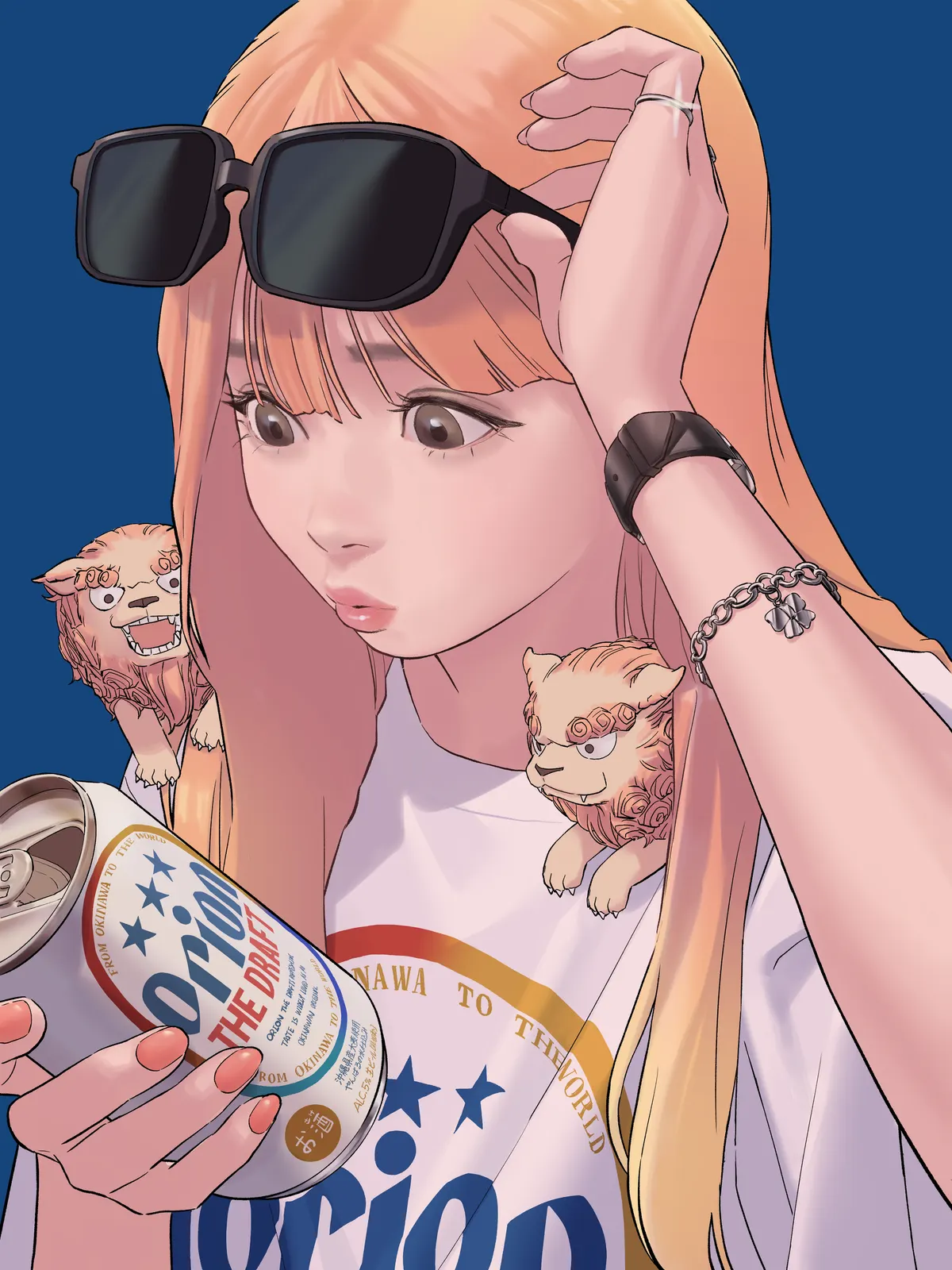 ภาพวาดผู้หญิงยกแว่นขึ้นบนศีรษะกับตัวสิงโตเล็กข้างไหล่