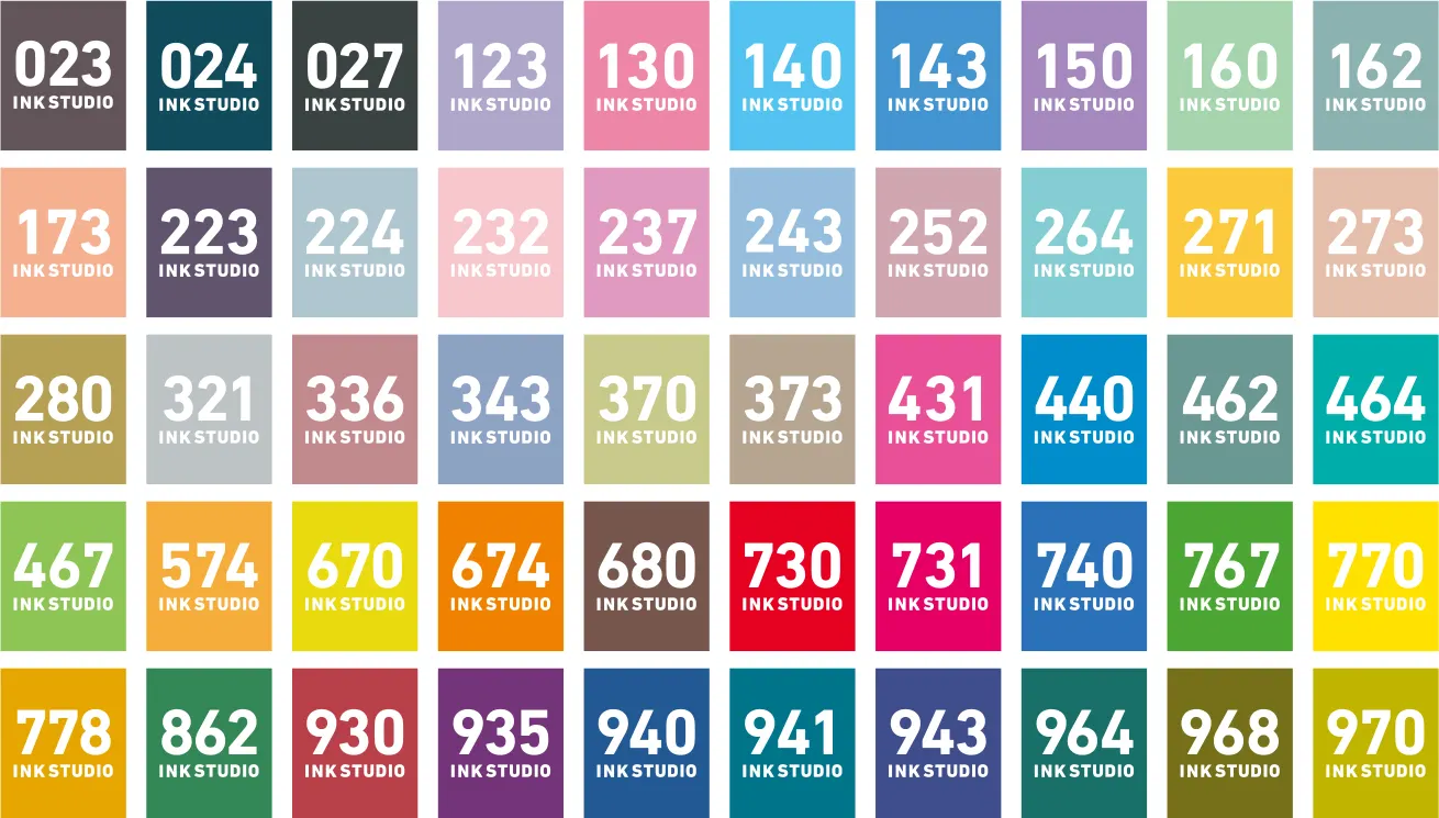 แผงสีหมึก INK STUDIO ทั้ง 50 เฉดเรียงกัน