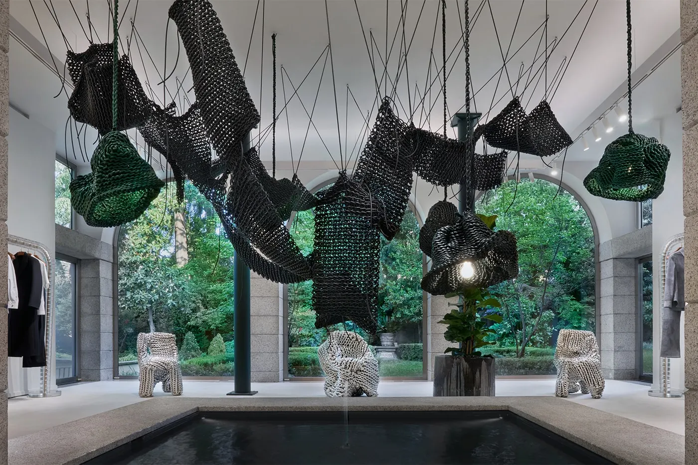 Detail of woven leather forms in Lightful installation by Kwangho Lee
