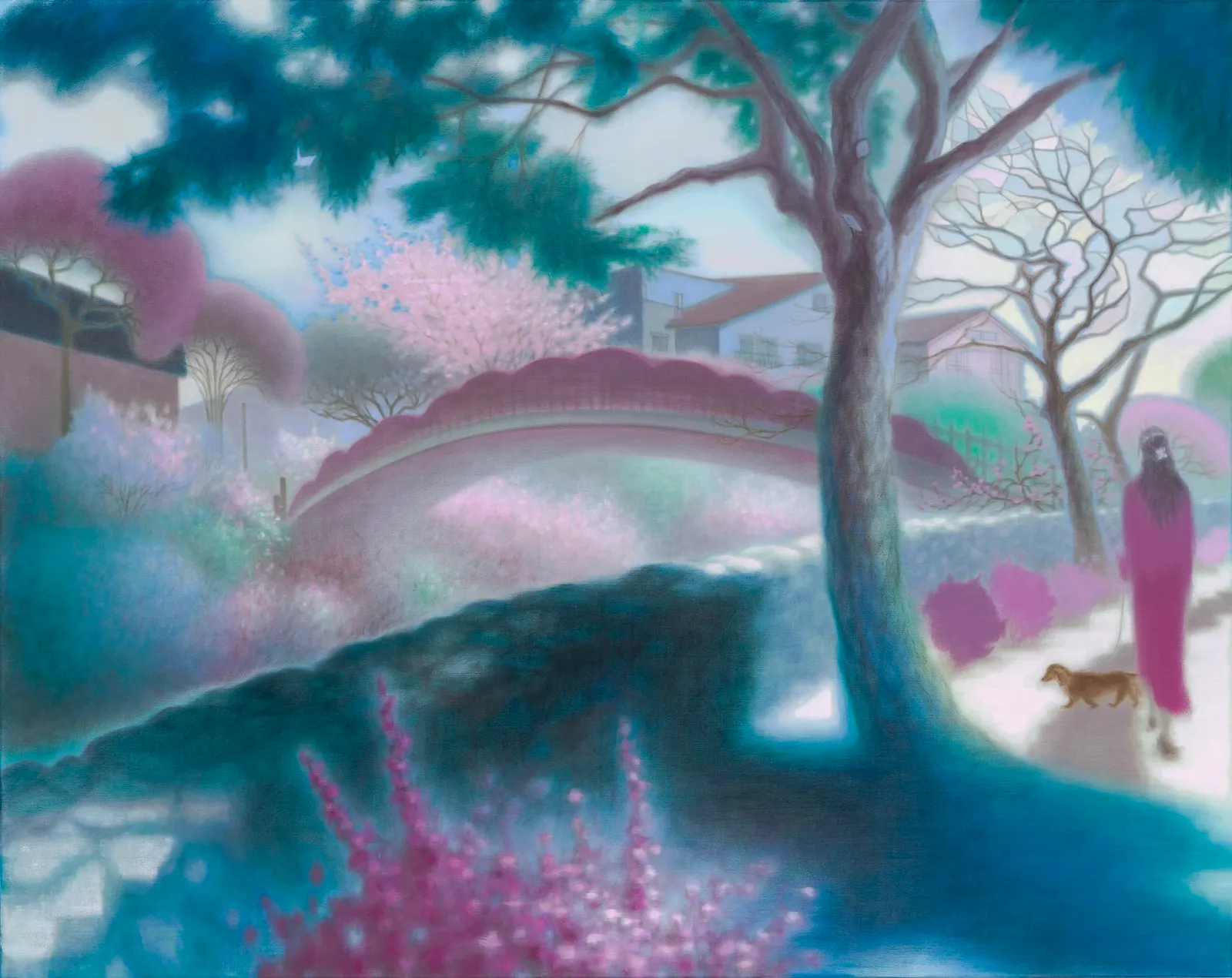 ภาพวาด Spring Walk ของ Guimi You หญิงเดินกับสุนัขริมลำธารในโทนฟ้าและม่วงแดง