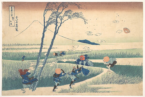 ภาพพิมพ์ Ejiri in Suruga ของโฮกุไซ ลมพัดกระดาษปลิวว่อนขณะผู้คนเดินฝ่าลม