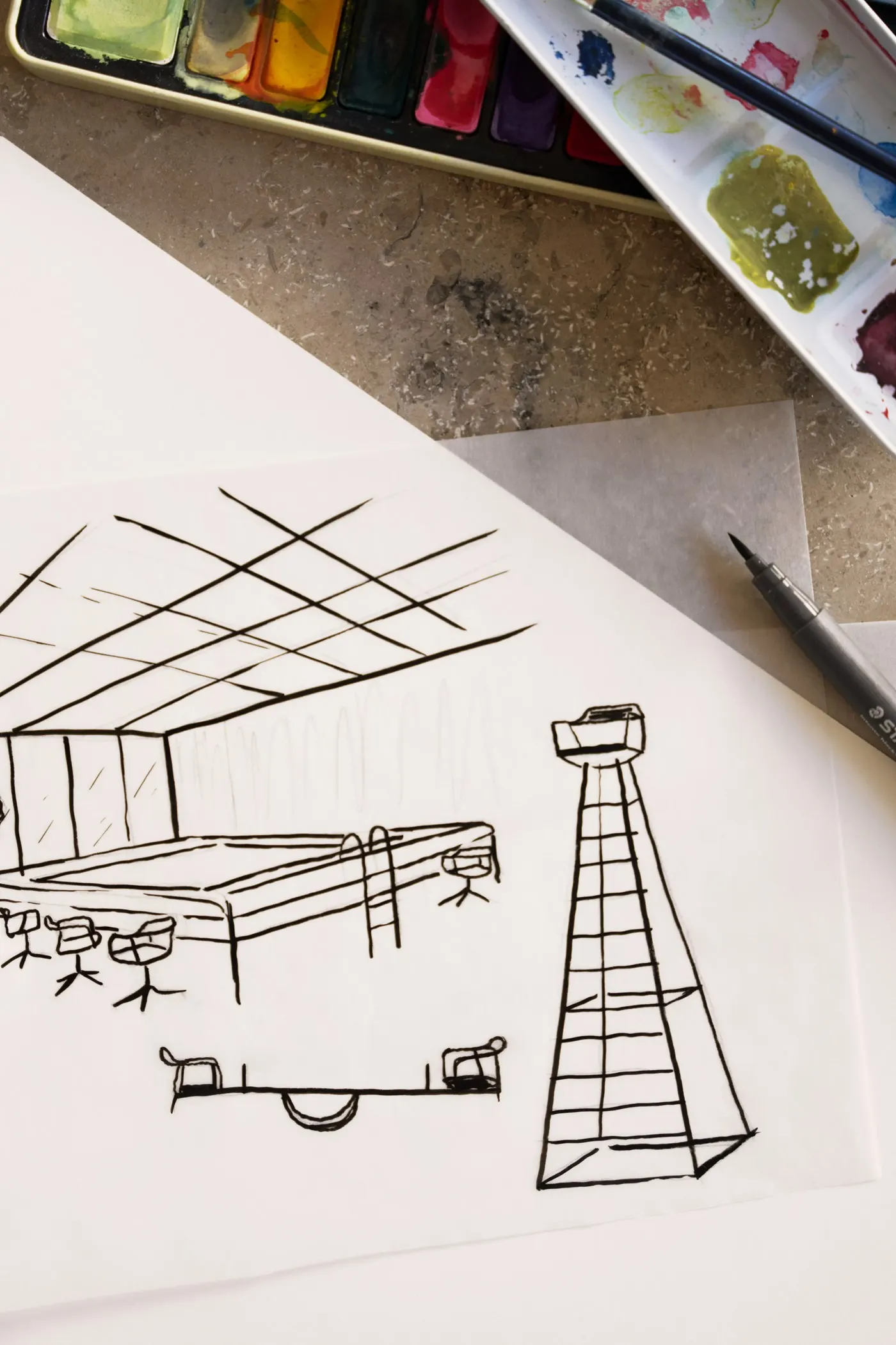 Vipp x Mesura installation process — plaid textile and steel construction