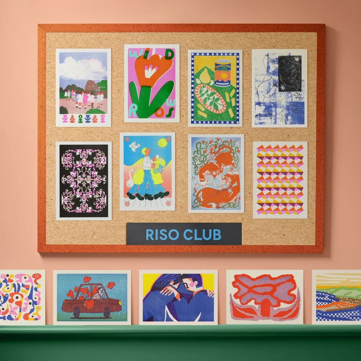 Riso Club postcards on corkboard by Risotto Studio