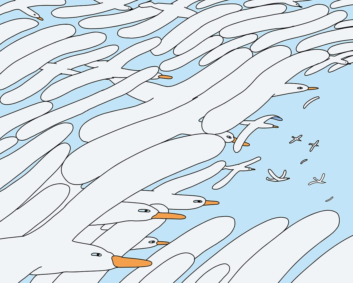 ภาพประกอบ Migration โดย Sour Soda Studio ฝูงนกขาวจำนวนมากรวมตัวกันคล้ายเมฆและคลื่น