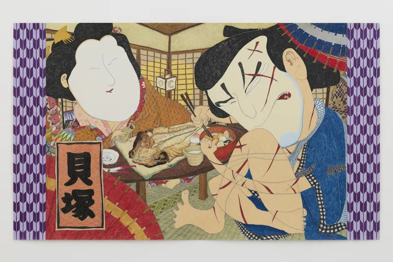 ภาพวาดดินสอสีของ Shintaro Miyake ที่มีเส้นไหลพันกันแน่นทั้งภาพ
