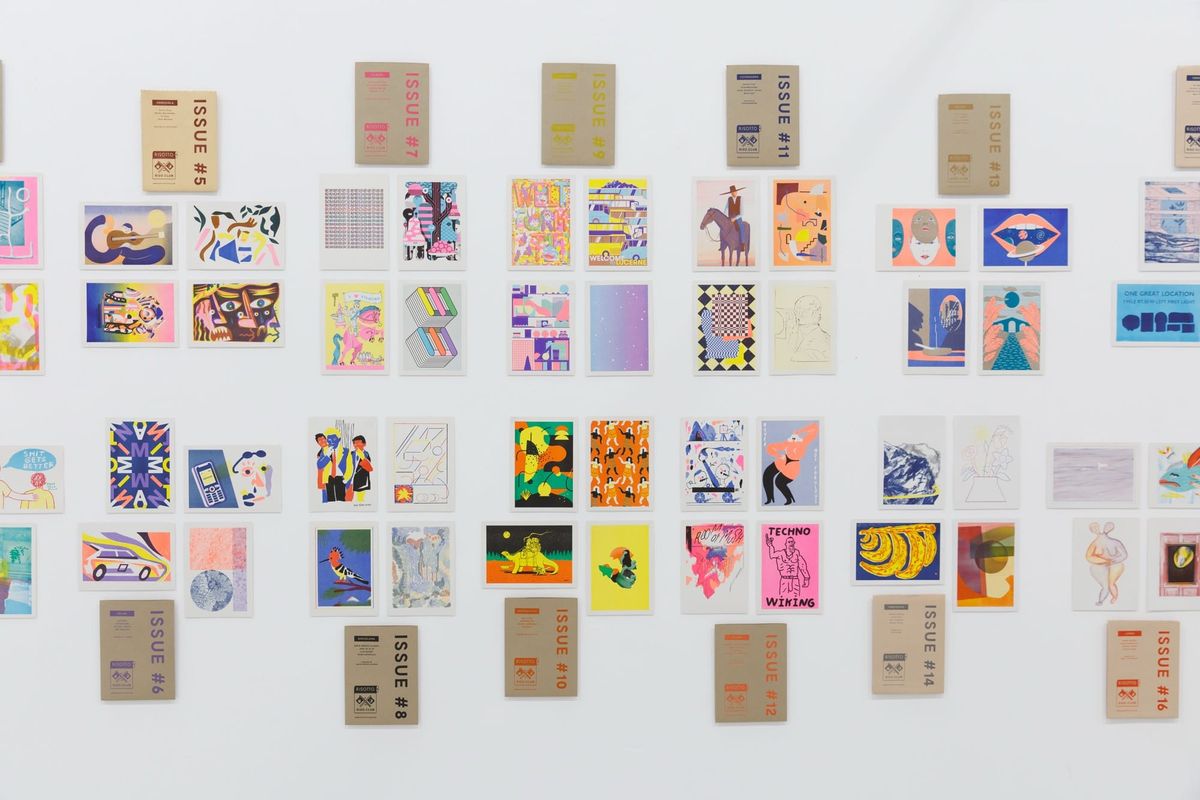Riso Club 100 exhibition wall showing all 400 postcards at The Glue Factory Glasgow