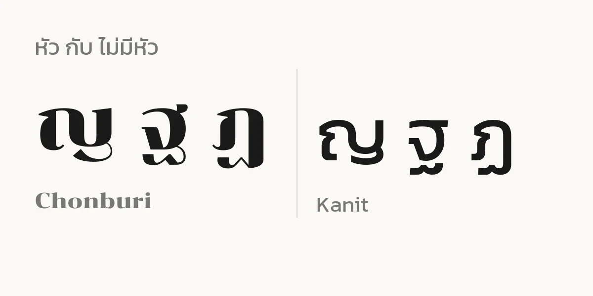 เปรียบเทียบตัวอักษรไทยแบบมีหัวของ Chonburi กับแบบไม่มีหัวของ Kanit