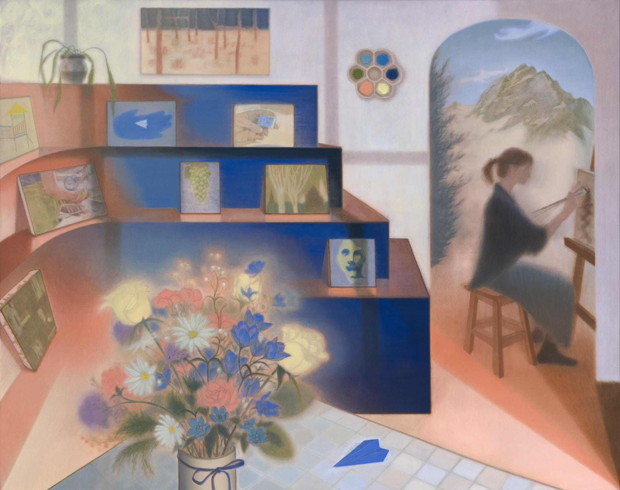 ภาพวาด Painting, Again ของ Guimi You หญิงนั่งหน้าขาตั้งภาพในกรอบประตูที่เปิดออก