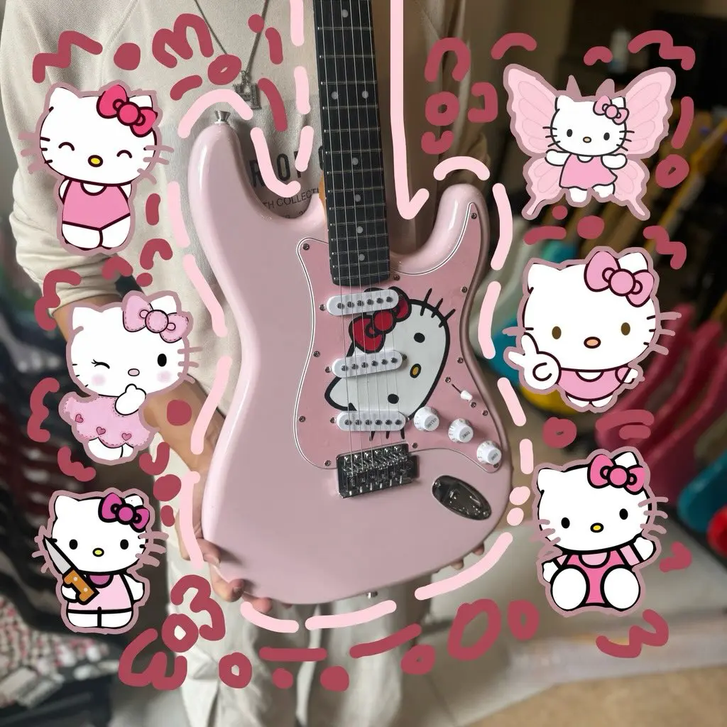 Custom guitar สีชมพู ลาย Hello Kitty pop culture โดย G Pedal 2Hand