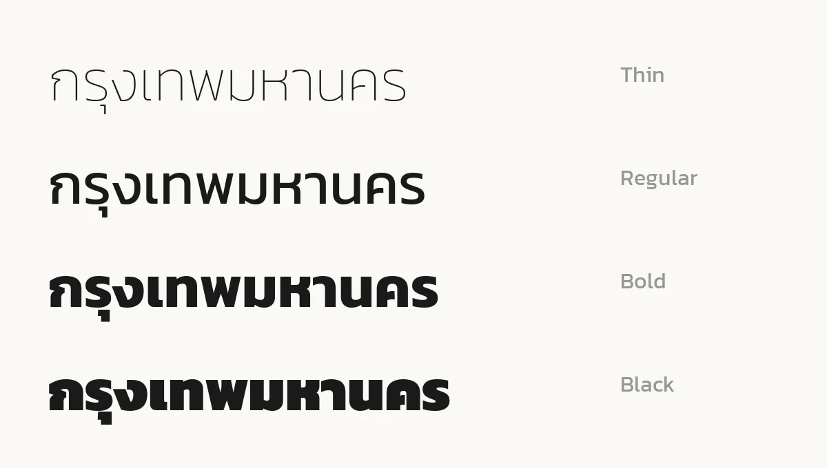 น้ำหนักของฟอนต์ Kanit ตั้งแต่ Thin ถึง Black กับคำว่ากรุงเทพมหานคร