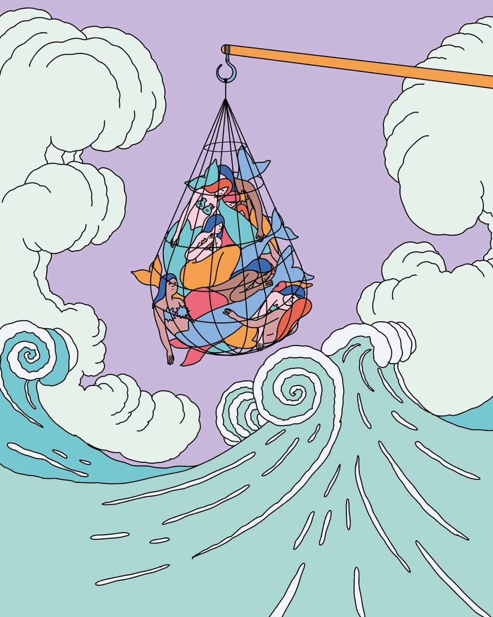 ภาพประกอบ The Siren's Catch โดย Sour Soda Studio ตาข่ายห้อยจากเครนคล้องผู้คนเหนือทะเล