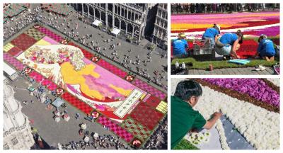 Neo Hokusai คลื่นลูกนั้นบนพื้นจัตุรัสบรัสเซลส์ ที่ทำจากดอกดาห์เลีย 750,000 ดอก